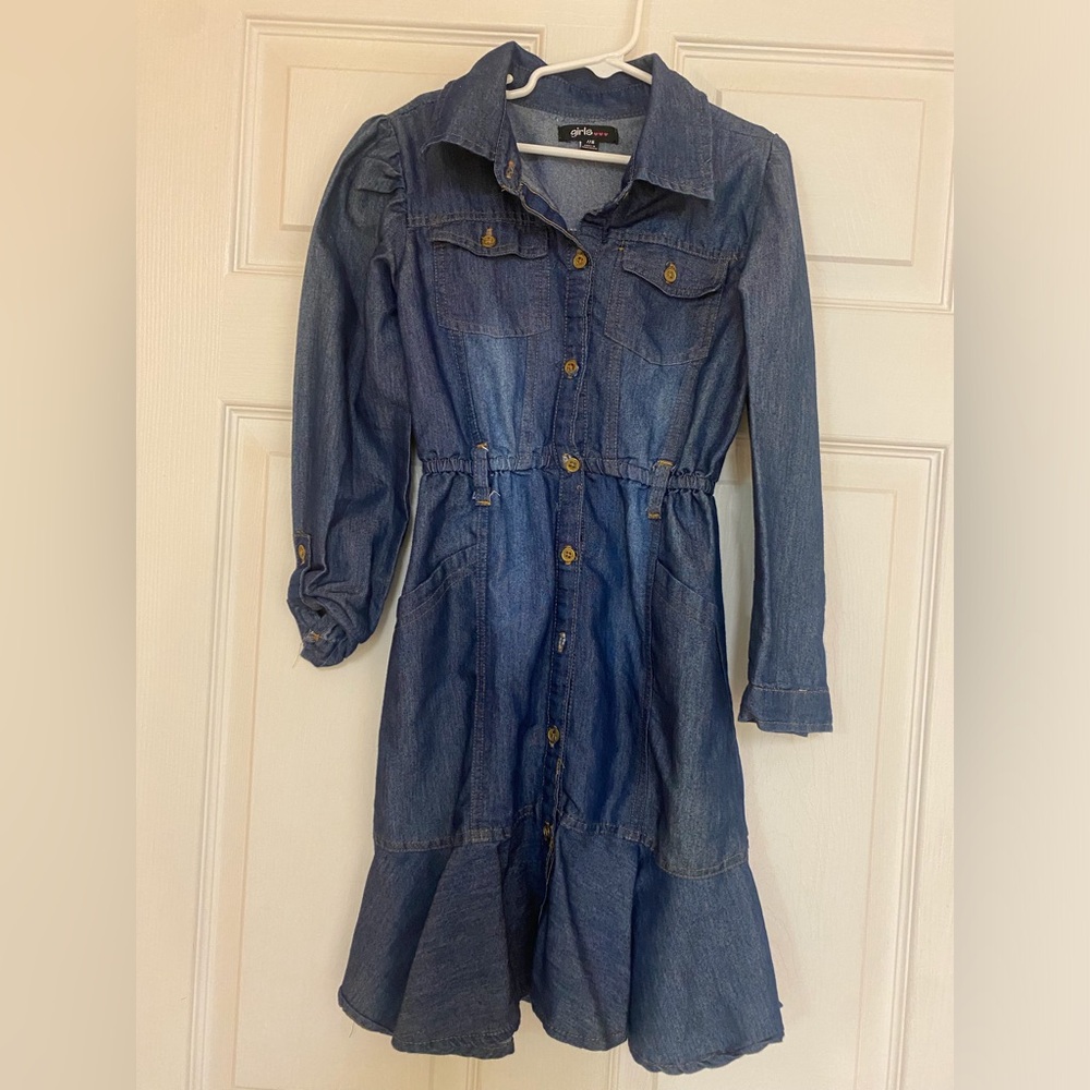 Girls 3 Hearts Jean Long Sleeve Dress 10/12 Denim Shirtdress Hi Low Ruffle Hem